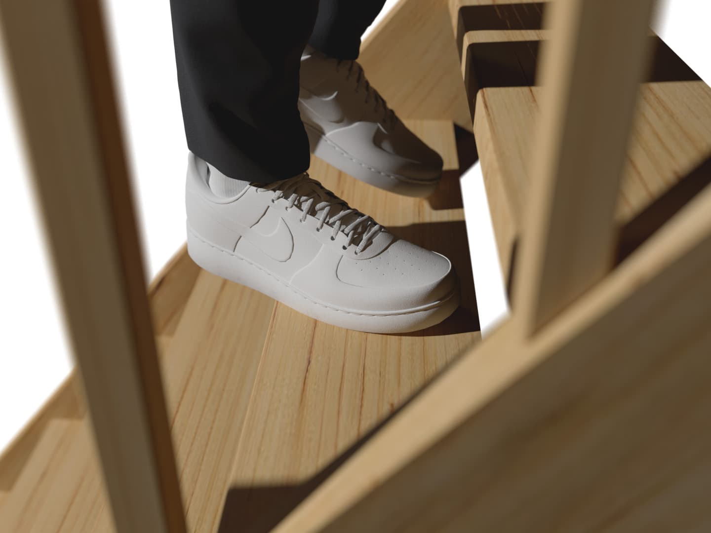 Нога на узкой ступени типовой лестницы — половина стопы свисает в воздухе